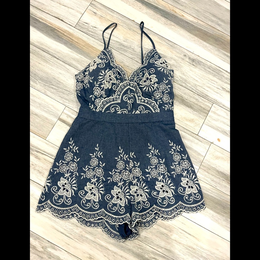 Embroidered denim romper